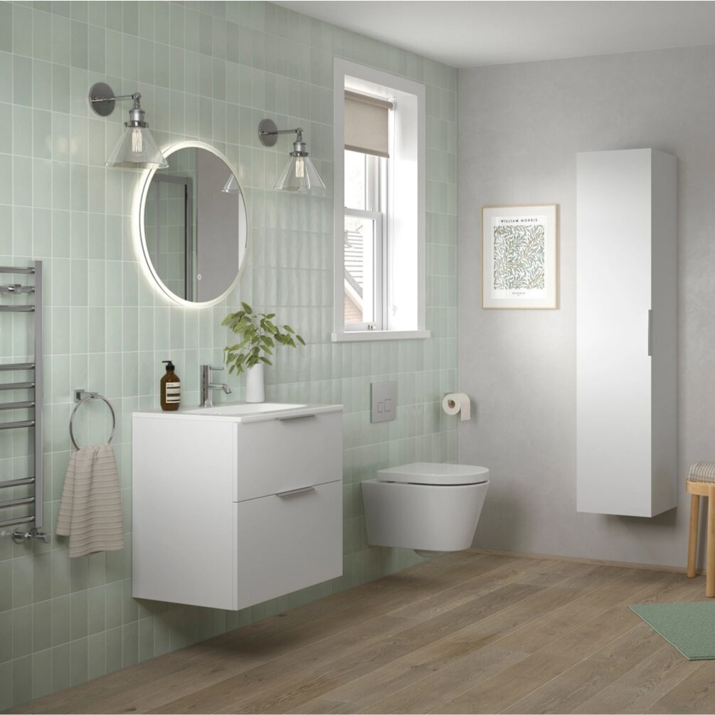 Apex Frame Matt White  615mm Wall Hung 2 Drawer Vanity Unit & Basin Lifestyle 1